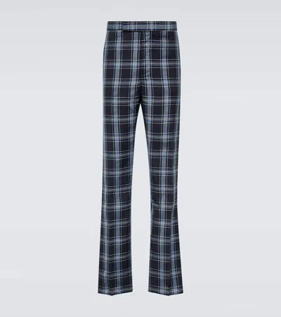 Thom Browne Checked Wool And Linen Trousers In Blue