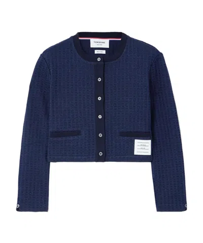 Thom Browne Checkered Jacquard Cropped Cardigan In Blue