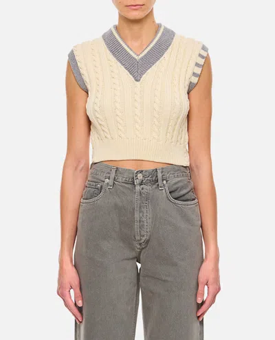 Thom Browne Classic Baby Cable Stitch Cropped V Neck Pullover In White