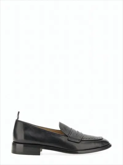Thom Browne Classic Black Penny Loafers With Signature Striped Pull Tab In Multi