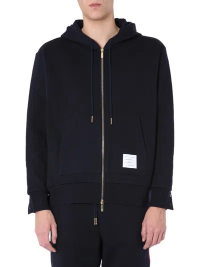 Thom Browne Classic Black Zip-up Hoodie With Contrasting Details In Blue