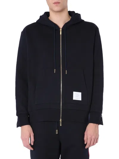 THOM BROWNE CLASSIC BLACK ZIP-UP HOODIE WITH CONTRASTING DETAILS