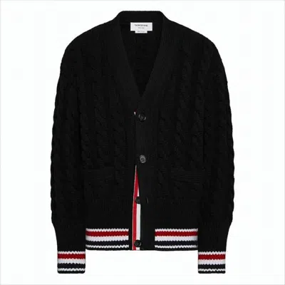 Thom Browne Classic Cable Knit Cardigan With Tricolor Accents In Black