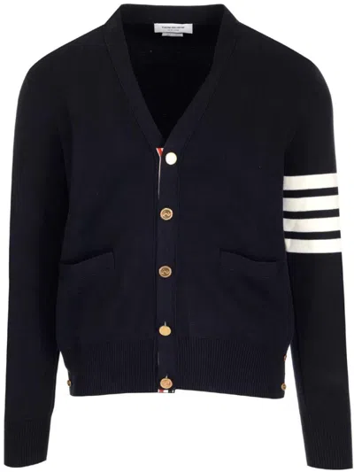 Thom Browne Classic Cardigan With Deep V-neck And Gold Button Detail In Blue