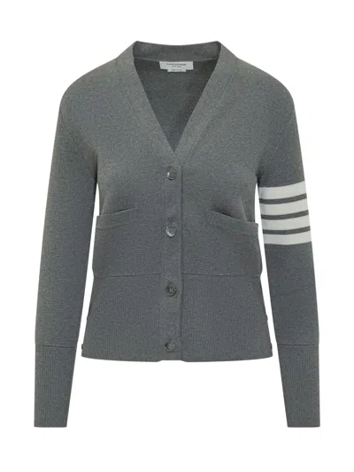 Thom Browne Classic Cardigan With Quattro Detail - Medium In Med Grey