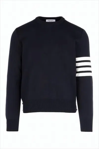 Thom Browne Classic Crew Neck Cotton Sweater With Striped Detailing In Black