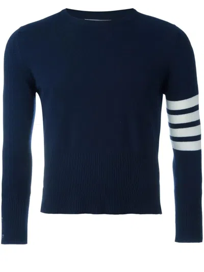 Thom Browne Classic Crewneck Short Pullover With White 4 Bar Stripe In Cashmere Clothing In Blue