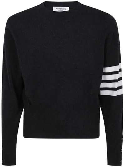 Thom Browne Classic Crewneck Short Pullover With White 4 Bar Stripe In Cashmere Clothing In Grey