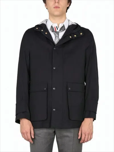 THOM BROWNE CLASSIC HOODED JACKET WITH FRONT BUTTON CLOSURE AND TAILORED FINISH