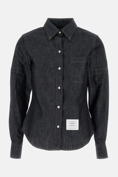 Thom Browne Classic Long Sleeve Denim Shirt In Black