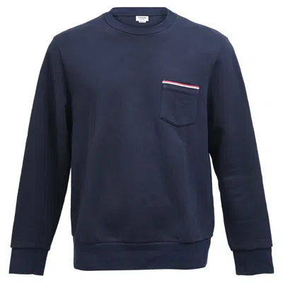 Thom Browne Classic Loopback Stripe Pocket Crewneck Sweatshirt In Navy Blue Cotton
