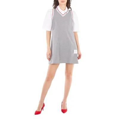 Thom Browne Classic Pique Stripe V-neck Tennis Dress, Brand Size 36 (us Size 0) In Gray