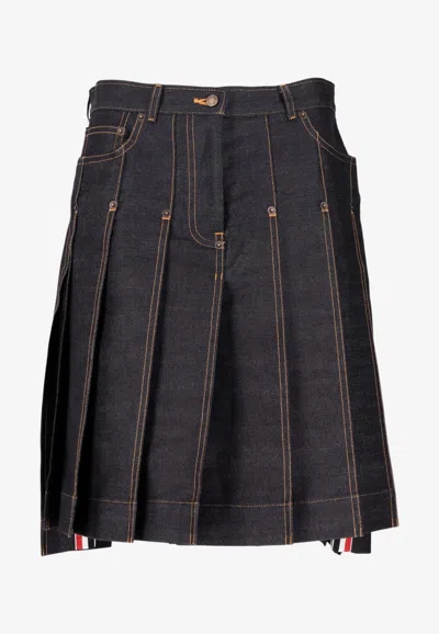 Thom Browne Classic Pleated Denim Skirt In Navy