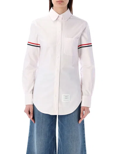 Thom Browne Classic Round Collar Shirt W/ Rwb Grosgrain Armbands In Oxford In White