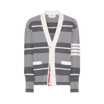 Pre-owned Thom Browne Classic Stripe Seed Stitch Neck Cardigan 'medium Grey' | Men's Size 2