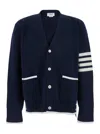 Thom Browne Blue Cardigan With V Neck And Maxi Logo On The Sleeve In Black