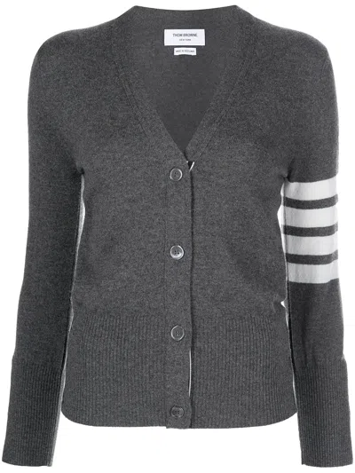 Thom Browne Classic V-neck Cardigan In Cashmere With White 4-bar Sleeve Stripe In Grey