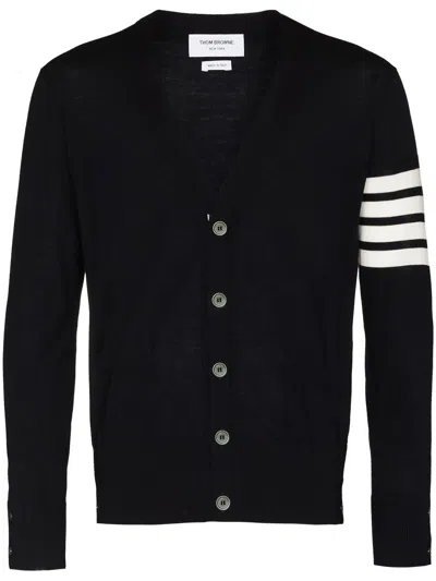 Thom Browne Classic V Neck Cardigan In Fine Merino Wool W/ 4 Bar Stripes In Black