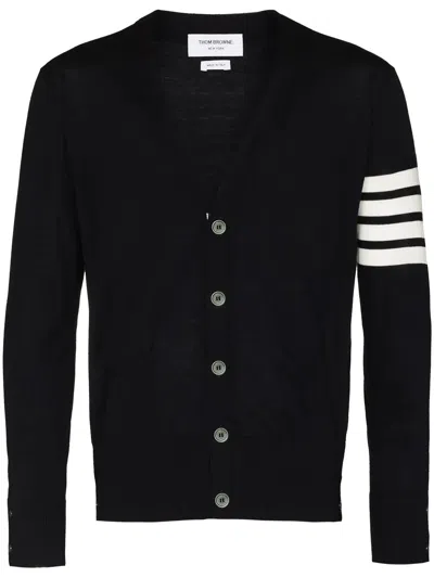 Thom Browne Classic V Neck Cardigan In Fine Merino Wool With 4 Bar Stripes In Black