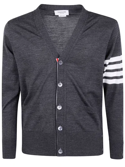 Thom Browne Classic V Neck Cardigan In Fine Merino Wool With 4 Bar Stripes In White