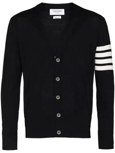 THOM BROWNE THOM BROWNE CLASSIC V NECK CARDIGAN IN FINE MERINO WOOL WITH 4 BAR STRIPES CLOTHING