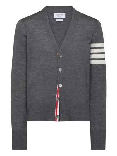 Thom Browne Classic V Neck Cardigan In Fine Merino Wool With 4 Bar Stripes In Gray