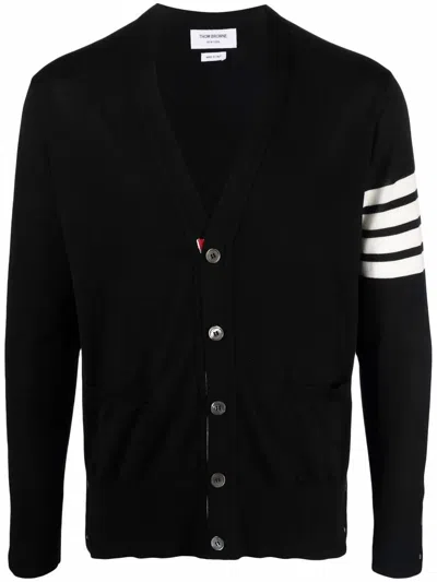 THOM BROWNE THOM BROWNE CLASSIC V-NECK CARDIGAN IN FINE MERINO WOOL WITH 4BAR STRIPES