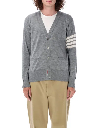 Thom Browne V-neck Grey Wool Cardigan With Signature Striped Detail In Grey