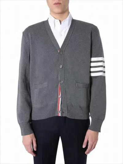 Thom Browne Classic V-neck Cardigan With Distinctive Stripes In Gray