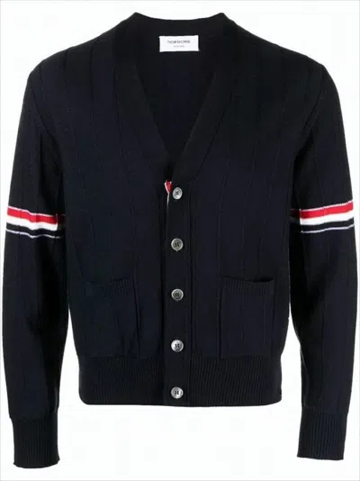 THOM BROWNE CLASSIC V-NECK CARDIGAN WITH STRIPED ACCENTS