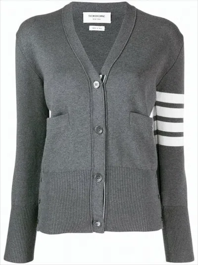 THOM BROWNE CLASSIC V-NECK GREY KNITWEAR CARDIGAN WITH STRIPED ACCENTS