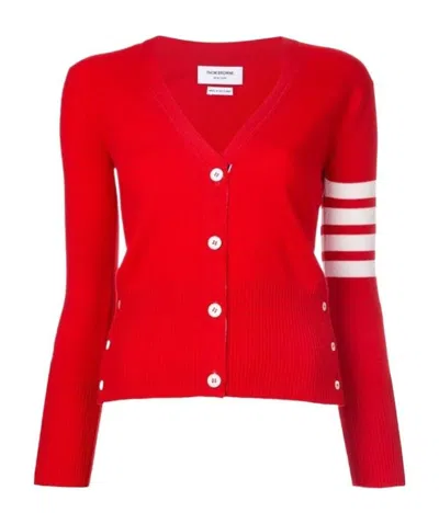 Thom Browne Classic V-neck Cardigan In White 4-bar Stripe In Cashmere In Red