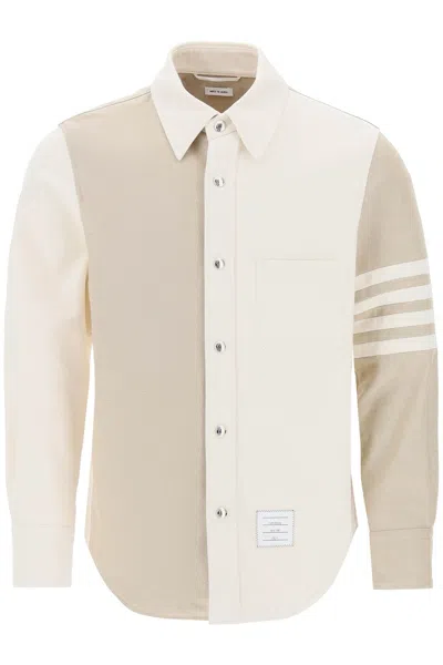 THOM BROWNE COLOR-BLOCKED OVERSHIRT IN HEAVY SELVEDGE DENIM WITH 4-BAR MOTIF