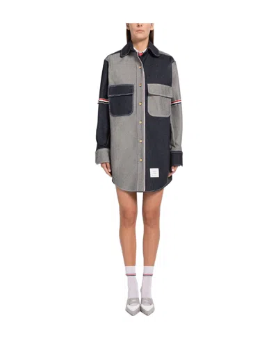 Thom Browne Colour-block Denim Shirtdress In Gray