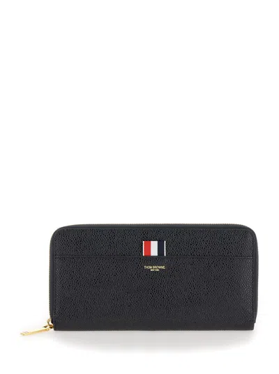 Thom Browne Continental Zip Wallet W/ Rwb Gg Tab In Pebble Grain Leather In Black