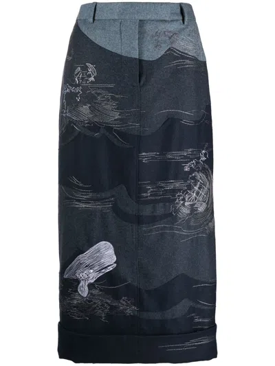 Thom Browne Contrasting-stitch Detail Midi Skirt In Blue
