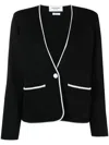 Thom Browne Contrasting-trim Collarless Jacket In Black