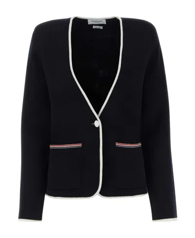 Thom Browne Contrasting-trim Collarless Jacket In Navy
