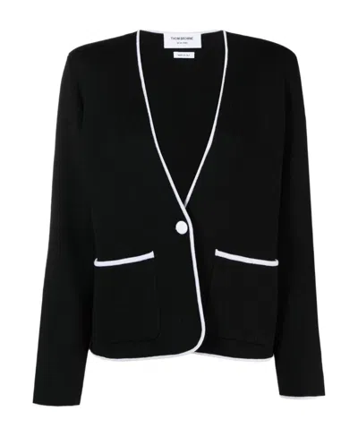 Thom Browne Contrasting-trim Collarless Jacket In Black