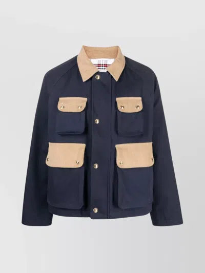 THOM BROWNE CORDUROY PANELLED SHIRT JACKET WITH CONTRAST COLLAR