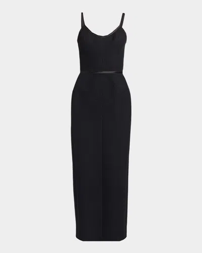 Thom Browne Satin Tipped Whipcord Wool Corset Maxi Dress In Black