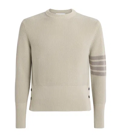 Thom Browne Garment-dyed Crewneck Sweater With Distinctive Grosgrain Detail In Neutral