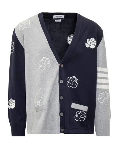 Thom Browne Cotton Birds And Flowers Cardigan In Blue