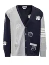 Thom Browne Cotton Birds And Flowers Cardigan In Navy/grey