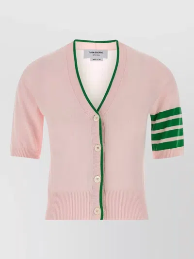 Thom Browne Cotton Cardigan Contrast Trim Ribbed Hem Stripes In Pink