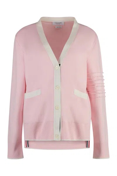 Thom Browne Cotton Jersey Flower 4-bar V-neck Cardigan In Pink