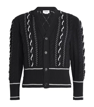 Thom Browne Cotton Contrasting Cable-knit Cardigan In Black