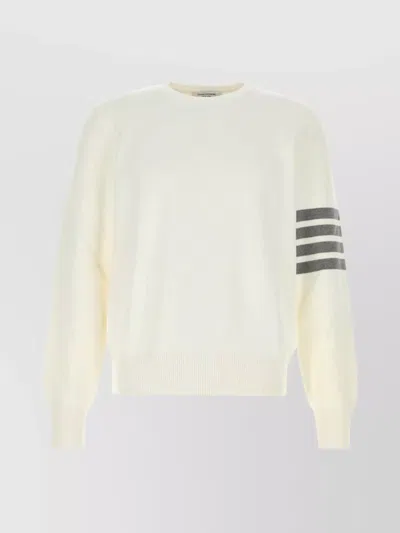 Thom Browne Cotton Crew Neck Sweater With Striped Detail In Neutral