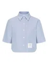 Thom Browne Cropped Cotton Shirt Boxy Fit Patch Pocket In Blue