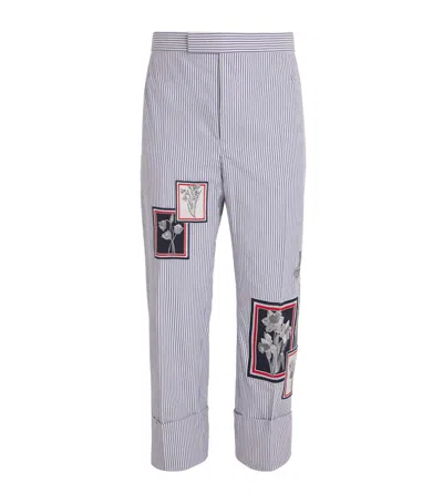 Thom Browne Floral Appliqué Straight Trousers In Navy